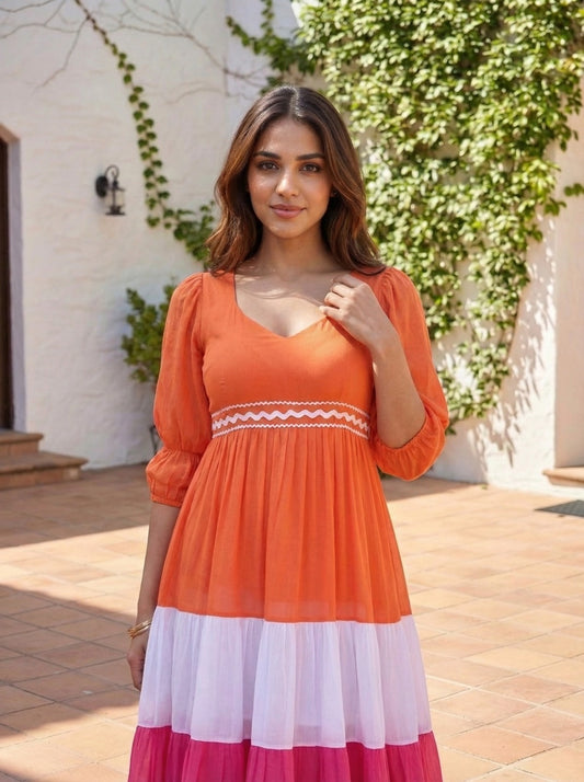 Orange White Pink Embellished Rayon Gown