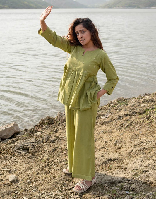 Green Embroidered Cotton Co-Ord Set