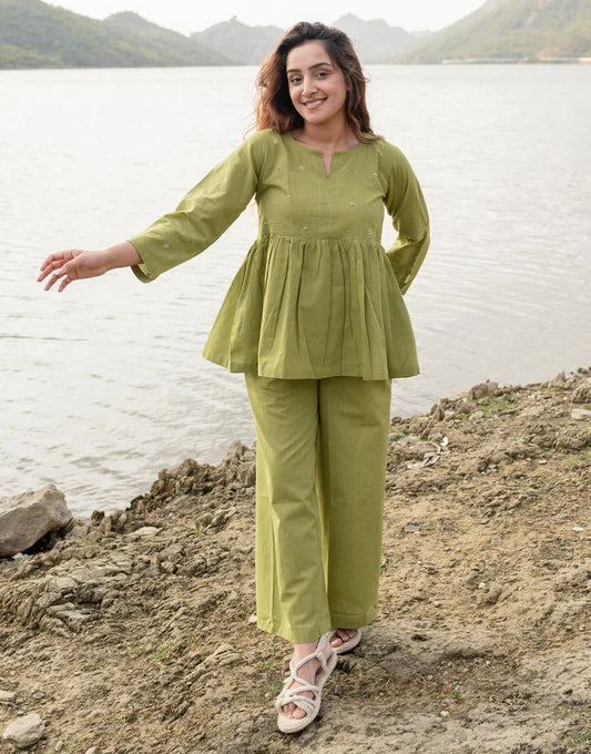 Green Embroidered Cotton Co-Ord Set