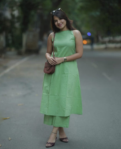 Green Sleeveless Cotton Co-Ord Set
