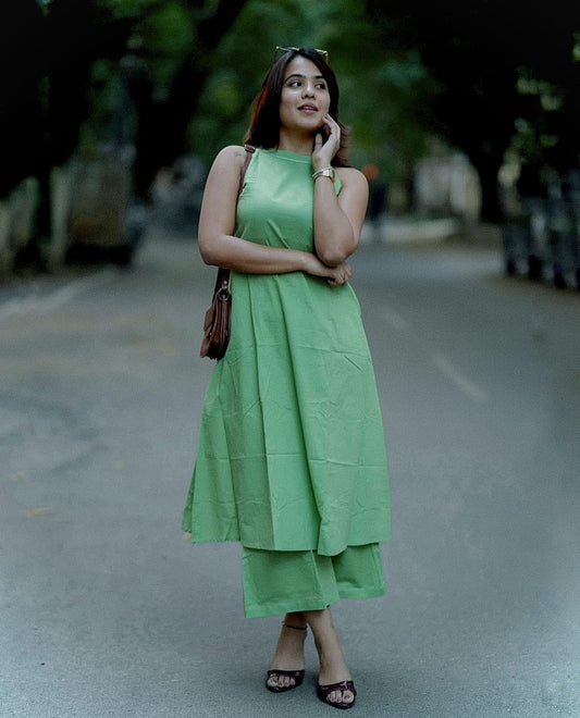 Green Sleeveless Cotton Co-Ord Set