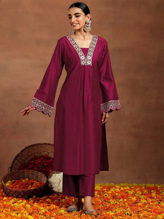 Maroon Embroidered Roman Silk Kurta and Pant Set
