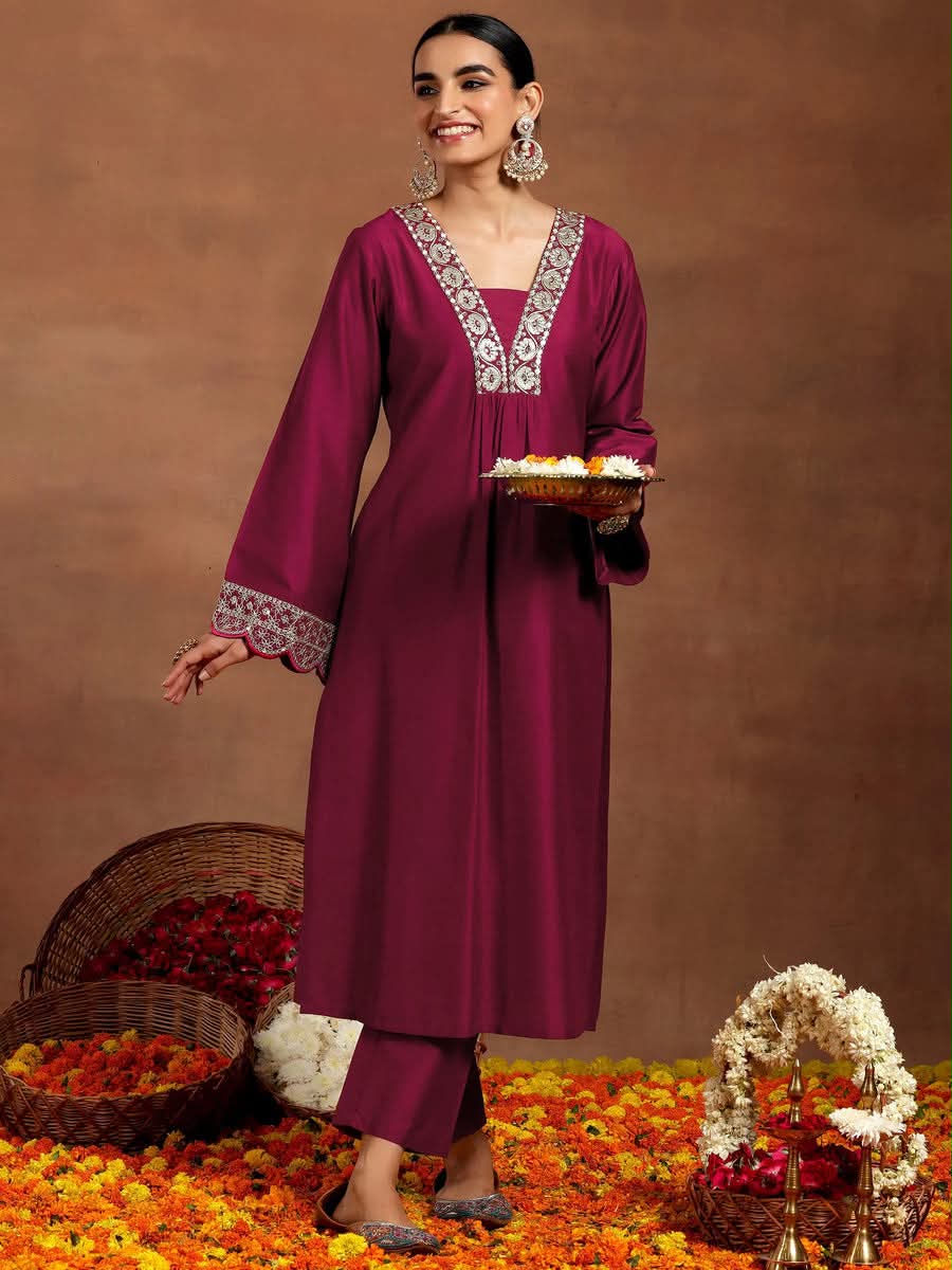 Maroon Embroidered Roman Silk Kurta and Pant Set