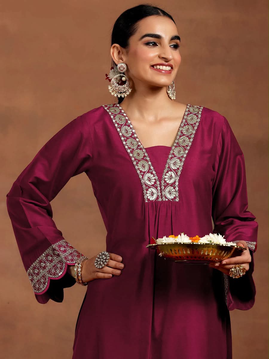 Maroon Embroidered Roman Silk Kurta and Pant Set