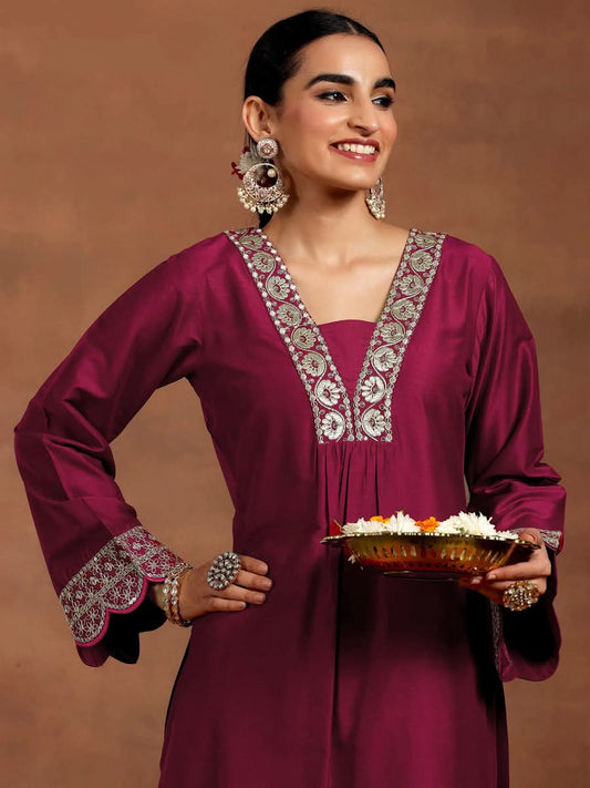 Maroon Embroidered Roman Silk Kurta and Pant Set