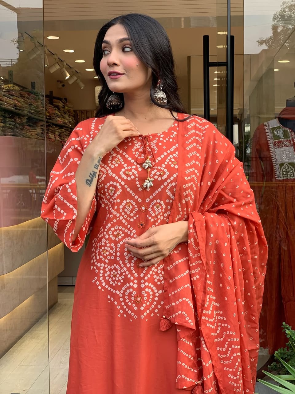 Orange Printed Cotton Kurta and Palazzo Set with Dupatta
