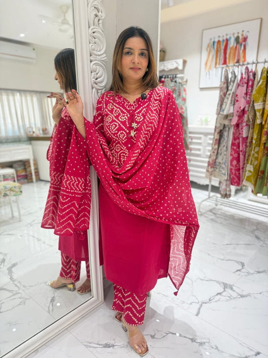 Pink Printed Cotton Kurta and Palazzo Set with Dupatta