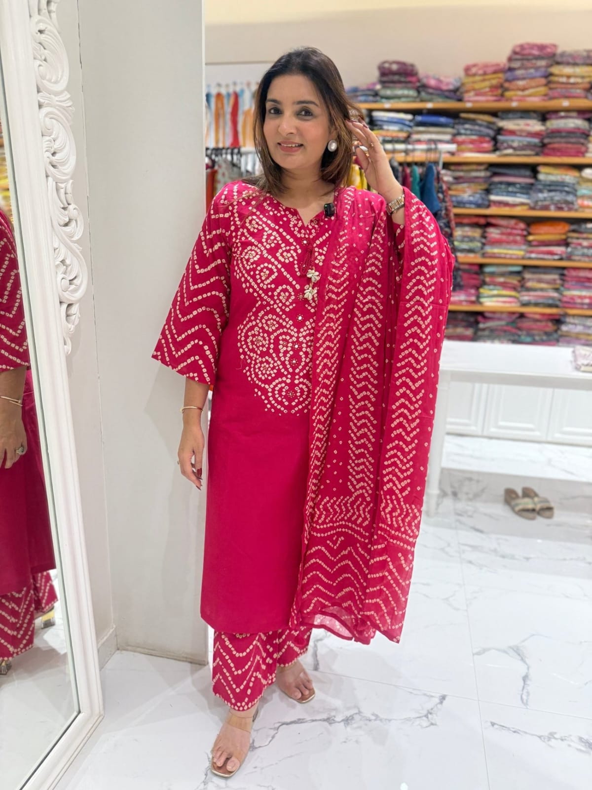 Pink Printed Cotton Kurta and Palazzo Set with Dupatta
