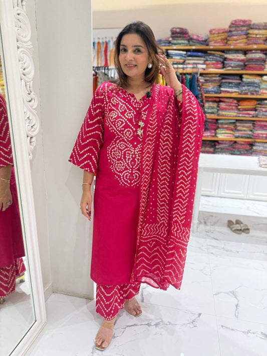Pink Printed Cotton Kurta and Palazzo Set with Dupatta