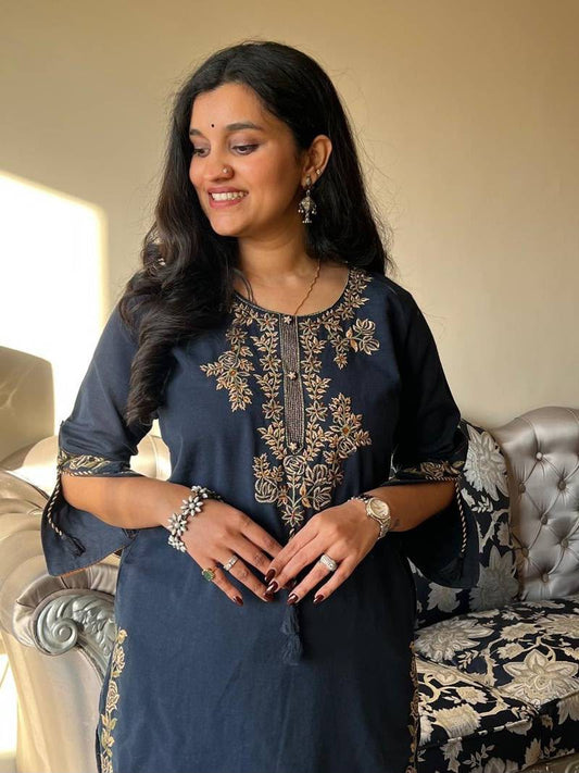 Navy Blue Embroidered Cotton Kurta and Pant Set with Dupatta