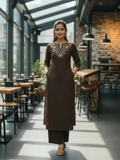 Coffee Embroidered Cotton Flex Kurta and Palazzo Set