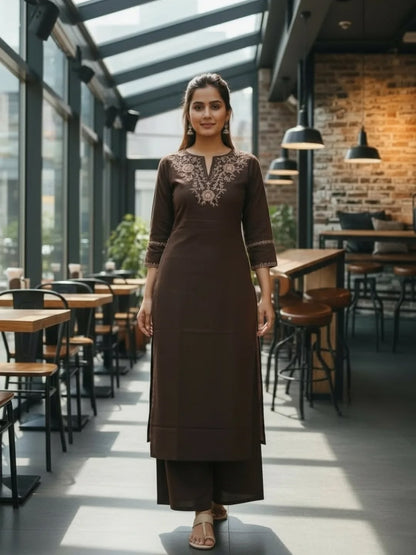 Coffee Embroidered Cotton Flex Kurta and Palazzo Set