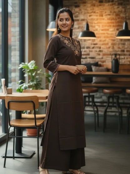 Coffee Embroidered Cotton Flex Kurta and Palazzo Set