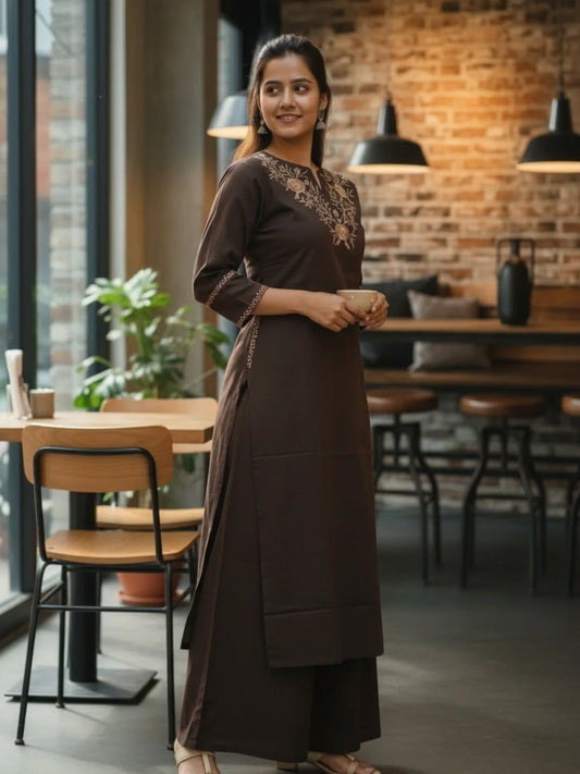 Coffee Embroidered Cotton Flex Kurta and Palazzo Set