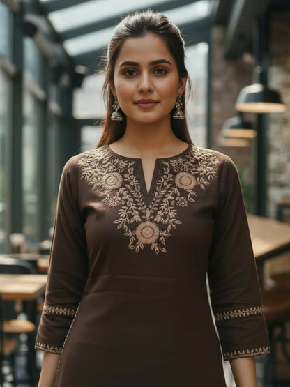 Coffee Embroidered Cotton Flex Kurta and Palazzo Set
