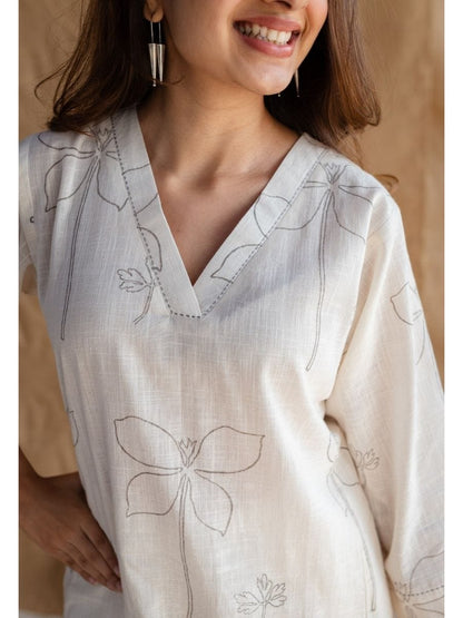 White Printed Cotton Flex Kurta and Pant Set