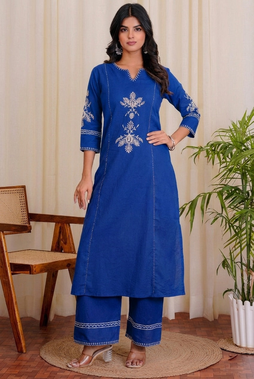 Blue Embroidered South Cotton Kurta and Pant Set