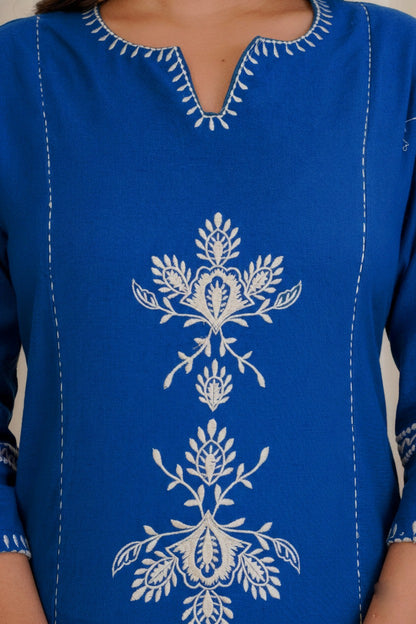 Blue Embroidered South Cotton Kurta and Pant Set