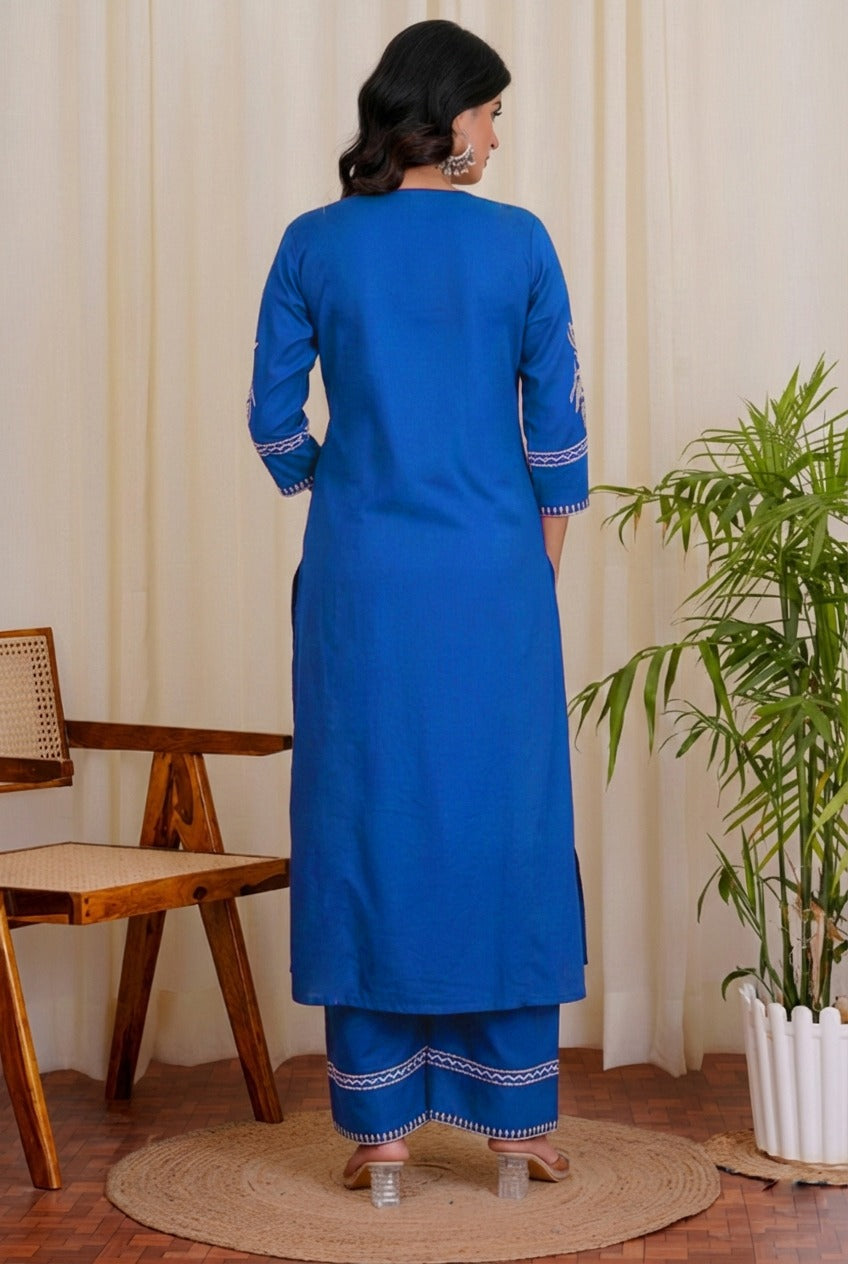 Blue Embroidered South Cotton Kurta and Pant Set
