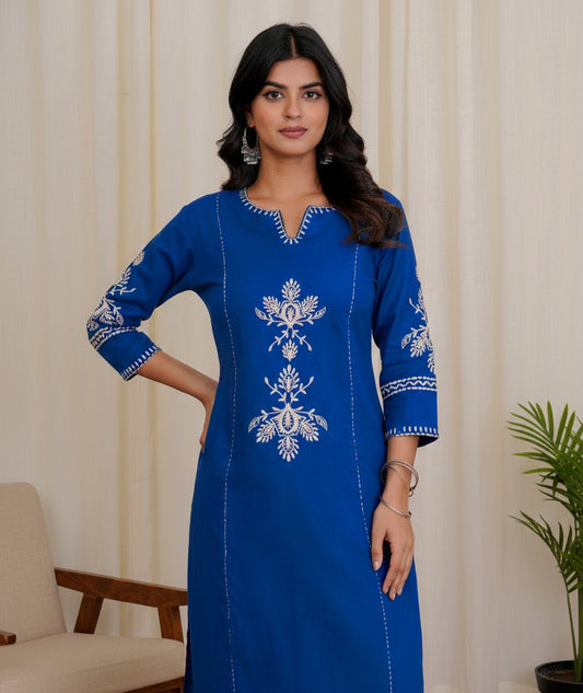 Blue Embroidered South Cotton Kurta and Pant Set