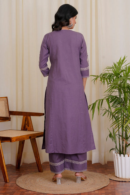 Dull Purple Embroidered South Cotton Kurta and Pant Set