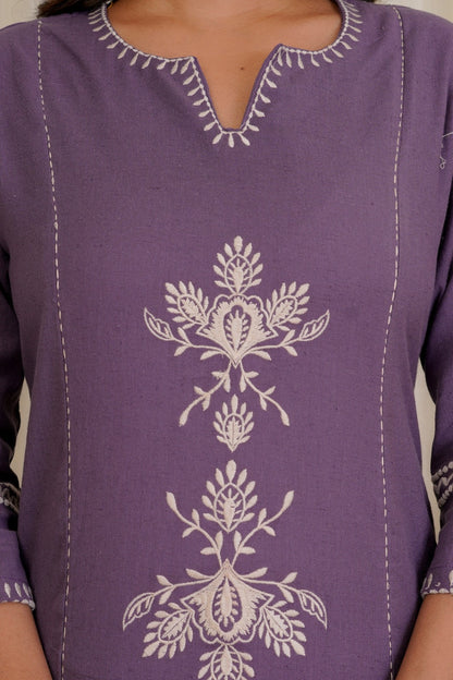 Dull Purple Embroidered South Cotton Kurta and Pant Set