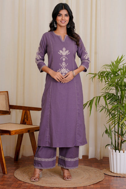 Dull Purple Embroidered South Cotton Kurta and Pant Set