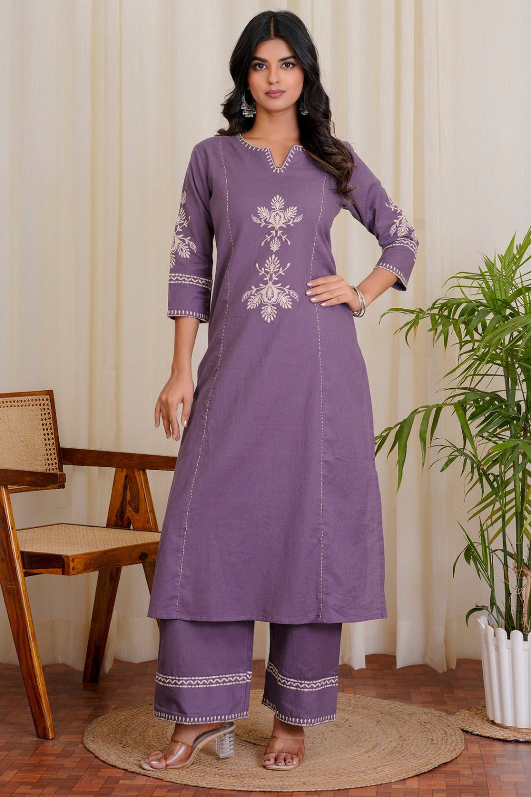 Dull Purple Embroidered South Cotton Kurta and Pant Set