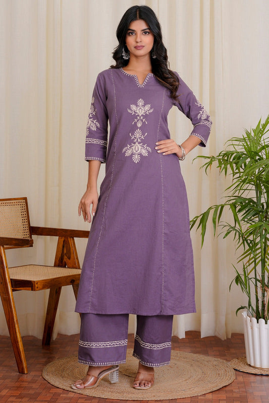 Dull Purple Embroidered South Cotton Kurta and Pant Set