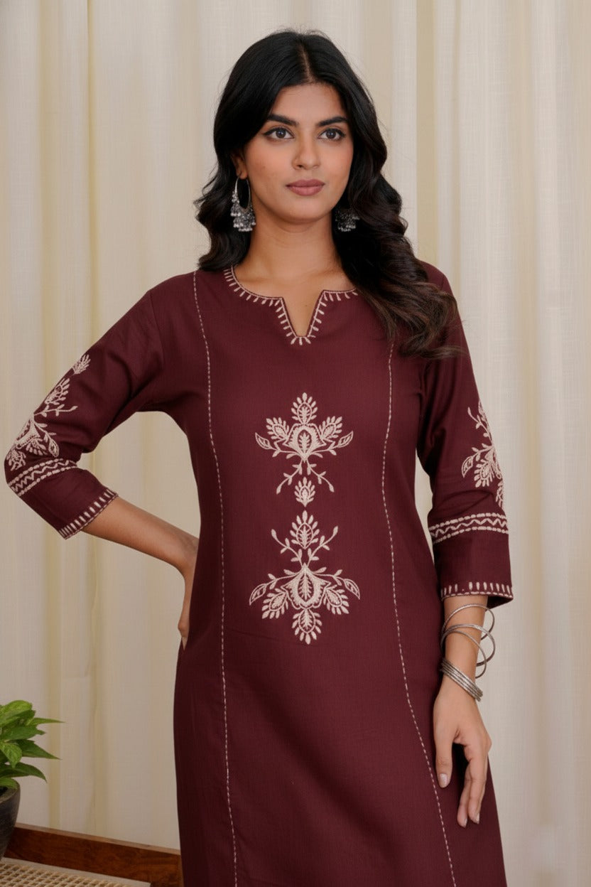 Maroon Embroidered South Cotton Kurta and Pant Set