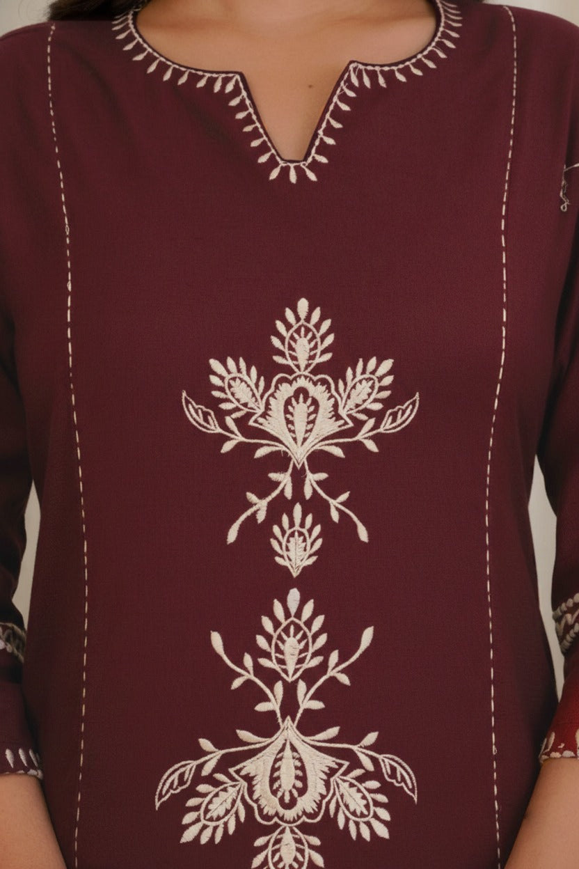 Maroon Embroidered South Cotton Kurta and Pant Set