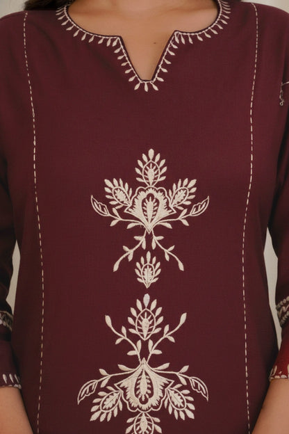 Maroon Embroidered South Cotton Kurta and Pant Set