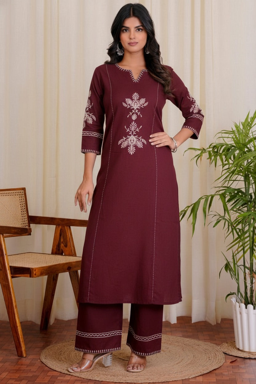 Maroon Embroidered South Cotton Kurta and Pant Set