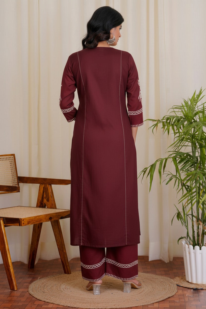 Maroon Embroidered South Cotton Kurta and Pant Set