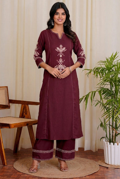 Maroon Embroidered South Cotton Kurta and Pant Set
