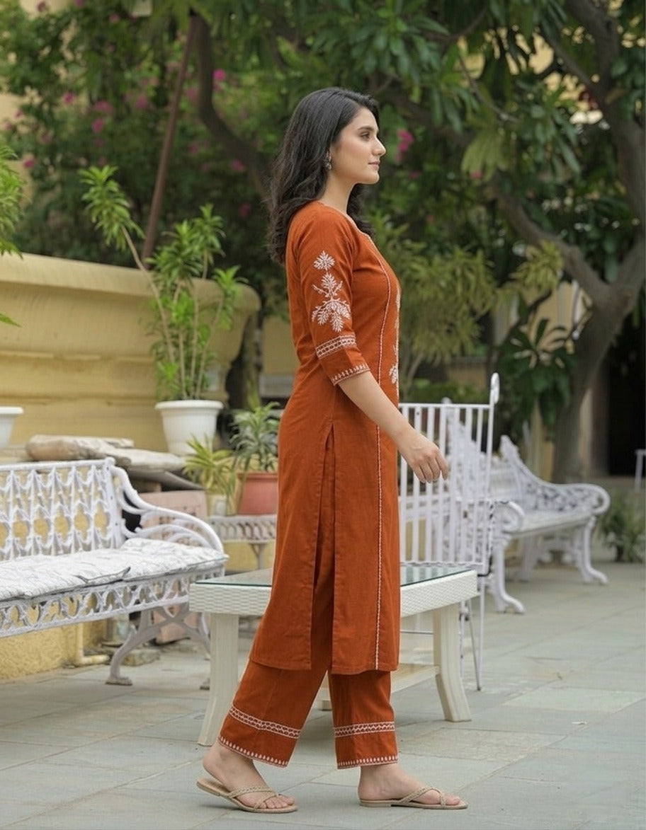 Rust Embroidered South Cotton Kurta and Pant Set