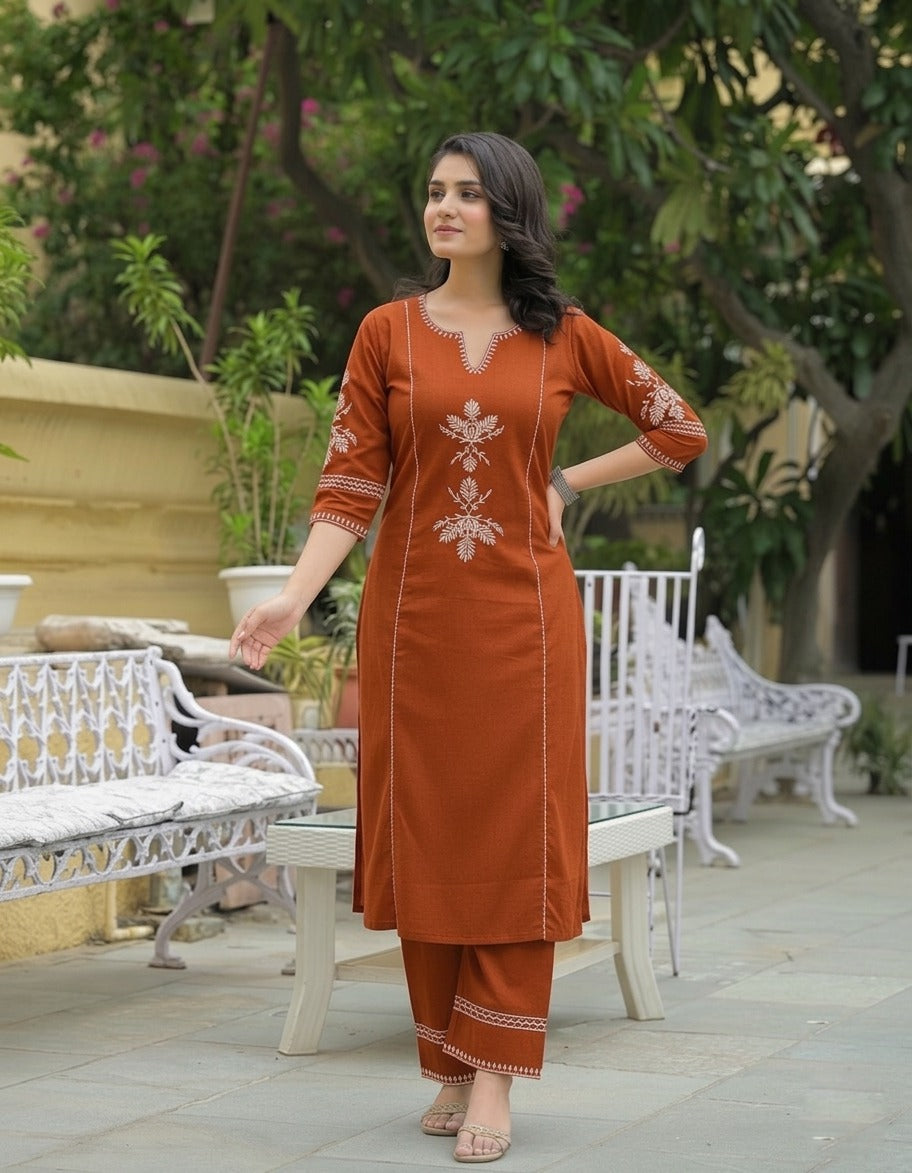 Rust Embroidered South Cotton Kurta and Pant Set