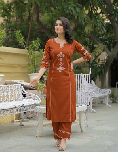 Rust Embroidered South Cotton Kurta and Pant Set