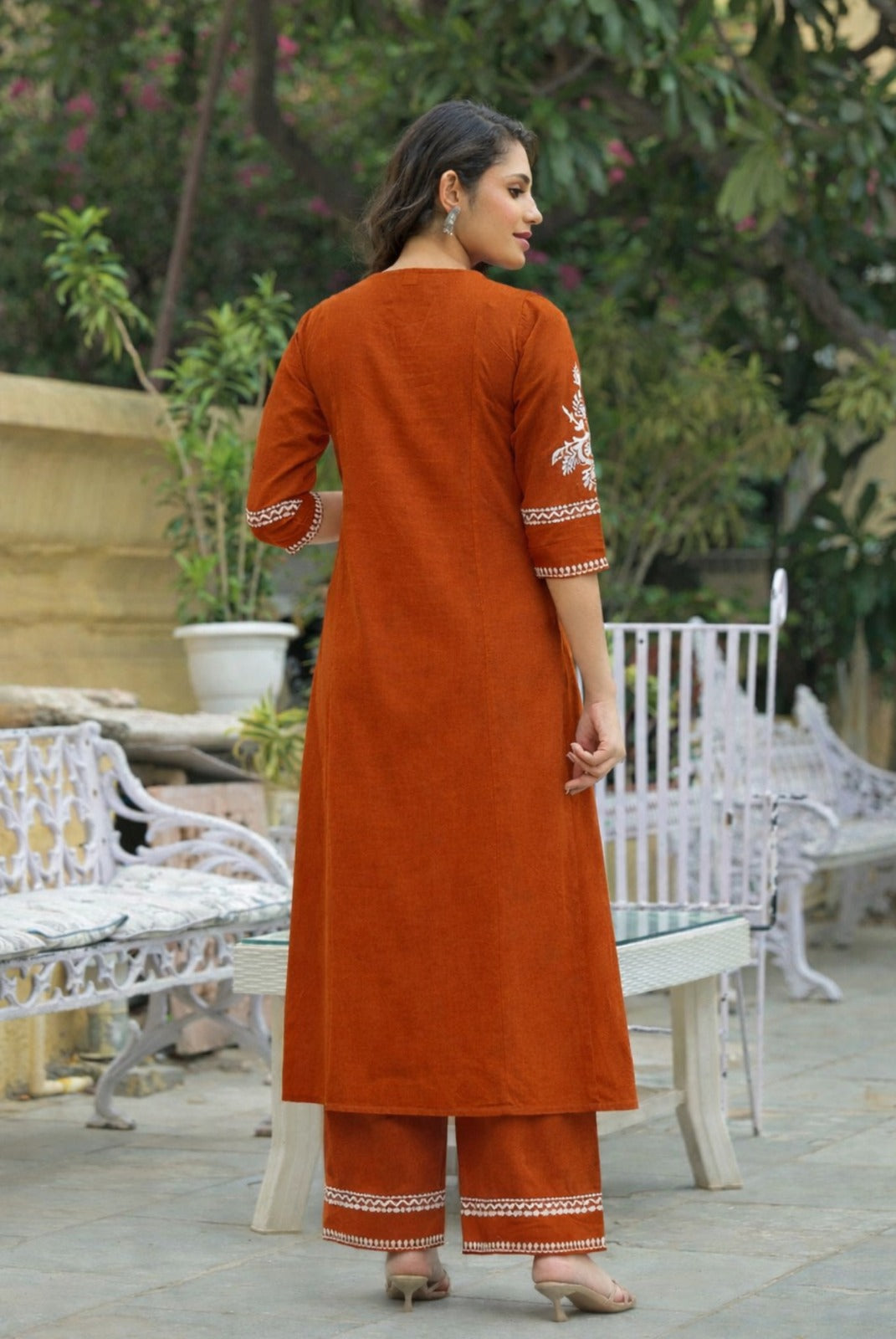 Rust Embroidered South Cotton Kurta and Pant Set