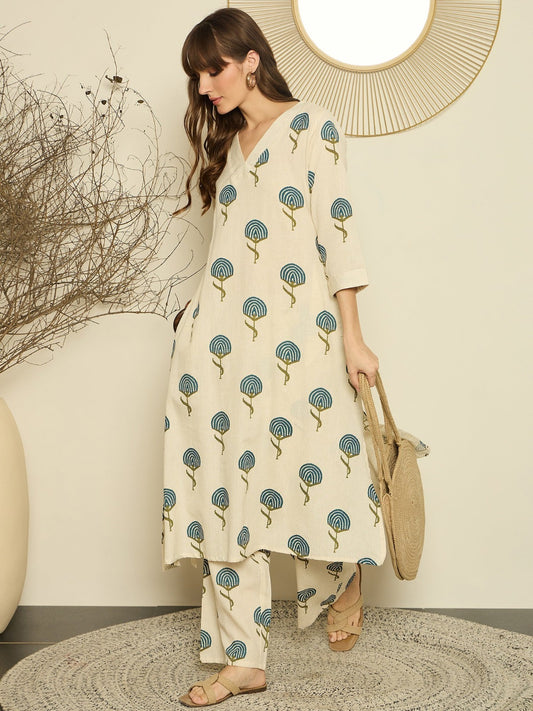 Off White Printed Cotton Flex Kurta and Pant Set