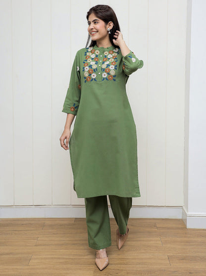 Green Embroidered Cotton Flex Kurta and Pant Set