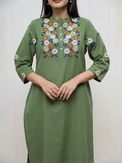Green Embroidered Cotton Flex Kurta and Pant Set