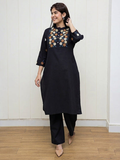Black Embroidered Cotton Flex Kurta and Pant Set