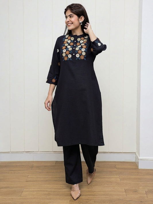 Black Embroidered Cotton Flex Kurta and Pant Set