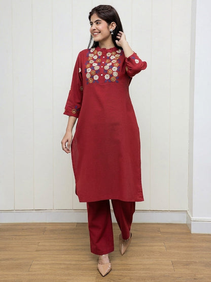 Red Embroidered Cotton Flex Kurta and Pant Set