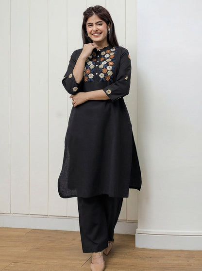 Black Embroidered Cotton Flex Kurta and Pant Set