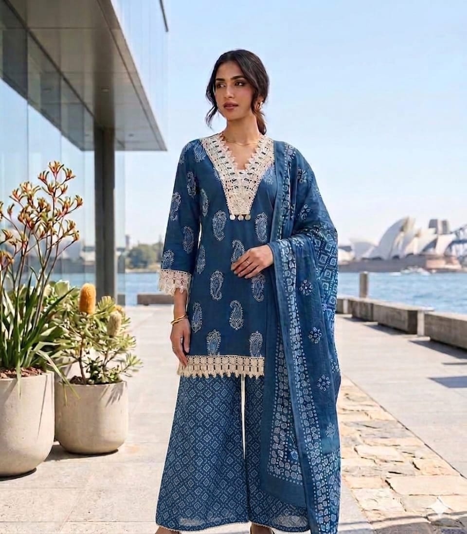 Blue Printed Cotton Farsi Salwar Suit Set with Dupatta