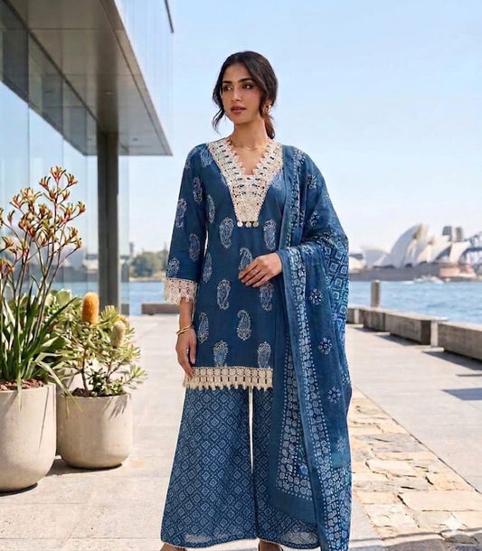 Blue Printed Cotton Farsi Salwar Suit Set with Dupatta