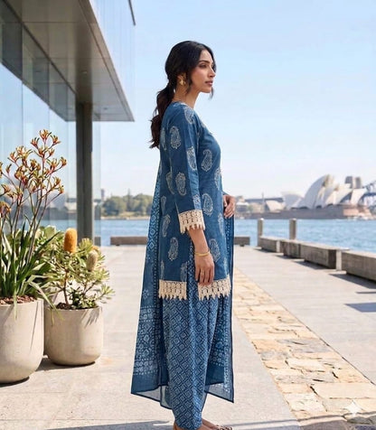 Blue Printed Cotton Farsi Salwar Suit Set with Dupatta