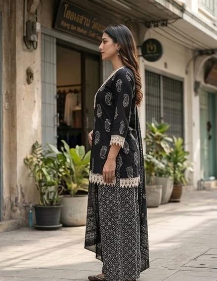 Black Printed Cotton Farsi Salwar Suit Set with Dupatta